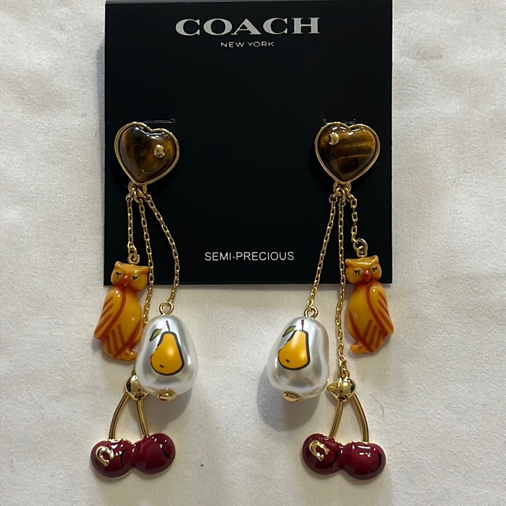 Coach Semi Precious Stone Statement Drop Earrings Owl Pear Cherry NWT
